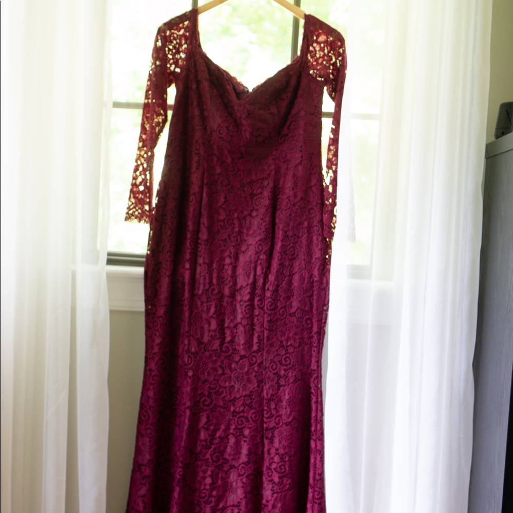 PinkBlush Burgundy lace off shoulder long sleeve maternity maxi dress